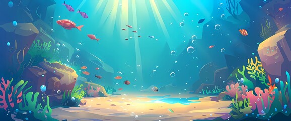 Underwater world with fish and seaweed. Vector cartoon illustration of sea bottom with exotic fauna and tropical plants growing in sand