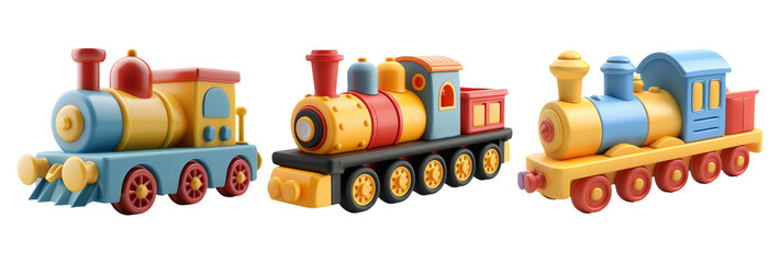 Naklejka premium Colorful Toy Trains on White Background, 3D Render Illustrating Playful and Fun Children's Toys