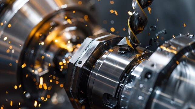 Close up of aluminum alloy cylindrical workpiece being turned on a lathe machine Featuring a black cutting tool with a yellow triangular carbide insert and two elegantly spiraled metal shav