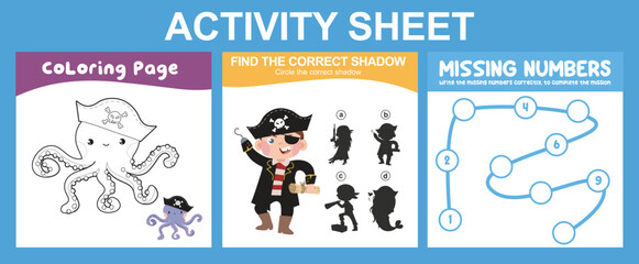 Activity sheet for children. 3 in 1 Educational printable worksheet. Coloring page, find the correct shadow and missing numbers worksheet. Worksheet for preschool children