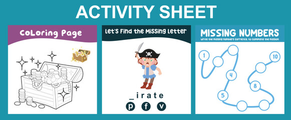 Activity sheet for children. 3 in 1 Educational printable worksheet. Coloring page, writing missing letters and missing numbers worksheet. Worksheet for preschool children