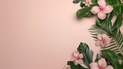Pink Flowers and Lush Green Leaves on a Light Pink Background.