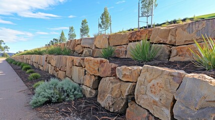 Sandstone block retaining wall along the road