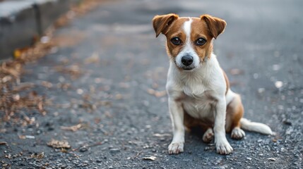 Cute little dog on street looking scared and worried with alert frightened eyes displaying uncertainty anxiety distress and nervous tension Space Animal cruelty