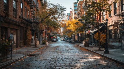 Fototapeta premium Desolate city street flanked by brick and wooden structures in an urban center on a sunny autumn day