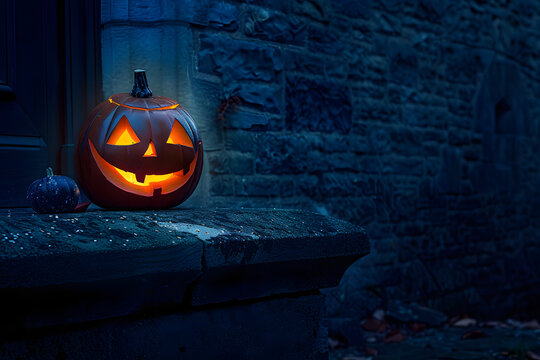 A single scary evil looking halloween Jack O Lantern on the left side of a dark blue stone plinth background of a haunted castle at night.