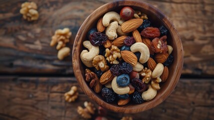 Fototapeta premium Trail mix snack with a variety of nuts and dried fruits in a wooden bowl photographed from above Selective Focus on the mix in the bowl