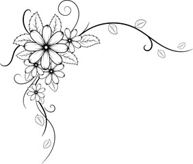 Doodle floral corner frame decorated with flowers and leaves in black and white