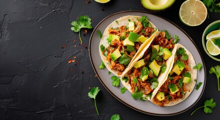 Three Tacos With Pulled Pork, Avocado, and Cilantro