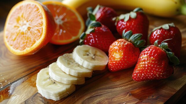 Organic strawberries sliced oranges and bananas on a wooden cutting board Close up with selective focus Ideal ingredients for a nutritious fruit salad - Powered by Adobe