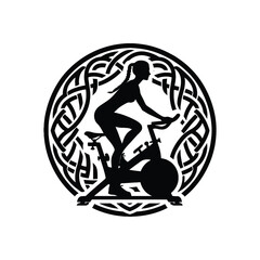 Fototapeta premium spinning bike exercise female player with celtic knot, nordic pattern illustration, emblem shield badge