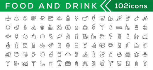 Food and drink icon collection set. Thin outline icons. Meat, milk, noodle, soup, bread, egg, cake, sweets, fruits, vegetables, drinks, nutrition, pizza, fish, sauce, cheese icon