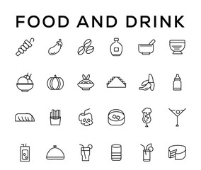 Food and drink icon collection set. Thin outline icons. Meat, milk, noodle, soup, bread, egg, cake, sweets, fruits, vegetables, drinks, nutrition, pizza, fish, sauce, cheese icon