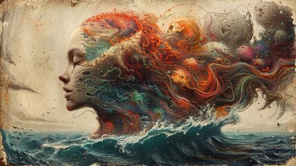 Illustrazione fantasiosa una testa di donna, che fuoriesce dalle onde del mare. I capelli ondeggiano con le onde. 