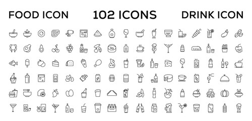 Food and drink icon collection set. Thin outline icons. Meat, milk, noodle, soup, bread, egg, cake, sweets, fruits, vegetables, drinks, nutrition, pizza, fish, sauce, cheese icon