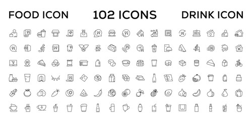 Food and drink icon collection set. Thin outline icons. Meat, milk, noodle, soup, bread, egg, cake, sweets, fruits, vegetables, drinks, nutrition, pizza, fish, sauce, cheese icon