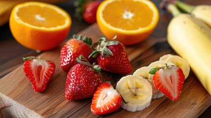 Organic strawberries sliced oranges and bananas on a wooden cutting board Close up with selective focus Ideal ingredients for a nutritious fruit salad