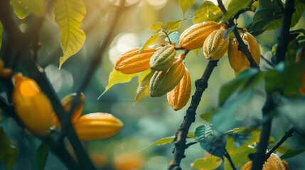 Obraz premium A tree with green leaves and yellow fruit hanging from it