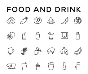 Food and drink icon collection set. Thin outline icons. Meat, milk, noodle, soup, bread, egg, cake, sweets, fruits, vegetables, drinks, nutrition, pizza, fish, sauce, cheese icon