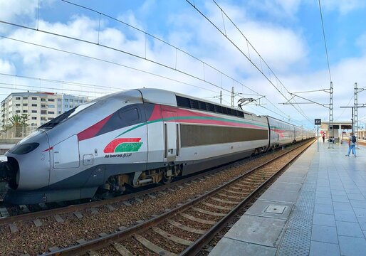 Casablanca, Morocco - July 25, 2024: High speed train "Al-Boraq" at Casablanca Casa Voyageurs train station. panoramic view
