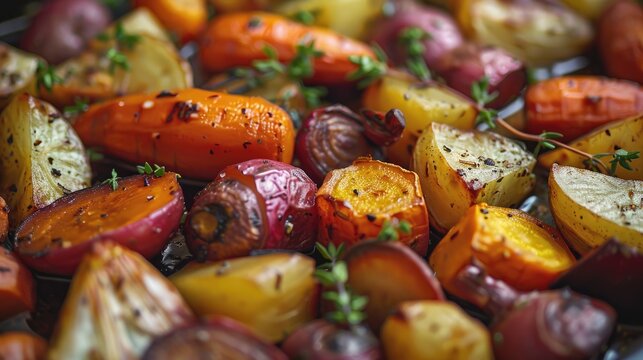 Close up of a delectable and nutritious platter showcasing roasted vibrant root vegetables straight out of the oven in a sun drenched kitchen