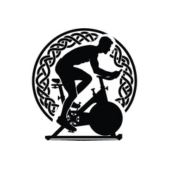 Fototapeta premium spinning bike exercise male player with celtic knot, nordic pattern illustration, emblem shield badge
