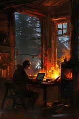 Young Writer Typing Novel on Laptop in Rustic Cabin by Fireplace for Cozy Literature Concept