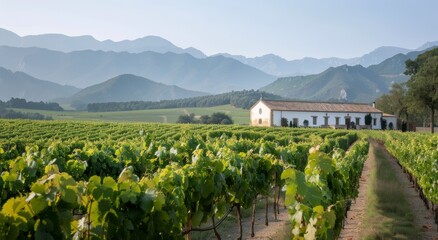 Naklejka premium Rural Farmhouse Amidst Vineyard Rows at Sunset