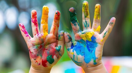 Mani di bambini colorate con colori brillanti. Concetto di creatività artistica