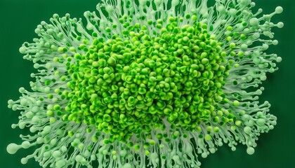 Colorful, scientific illustration of a cell or molecular structure with a green, bubbly appearance and surrounded by smoke-like elements