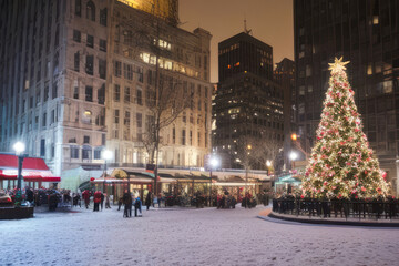 Ancient cobblestone street winds through a snow-covered Italian town, illuminated by warm glow of Christmas lights