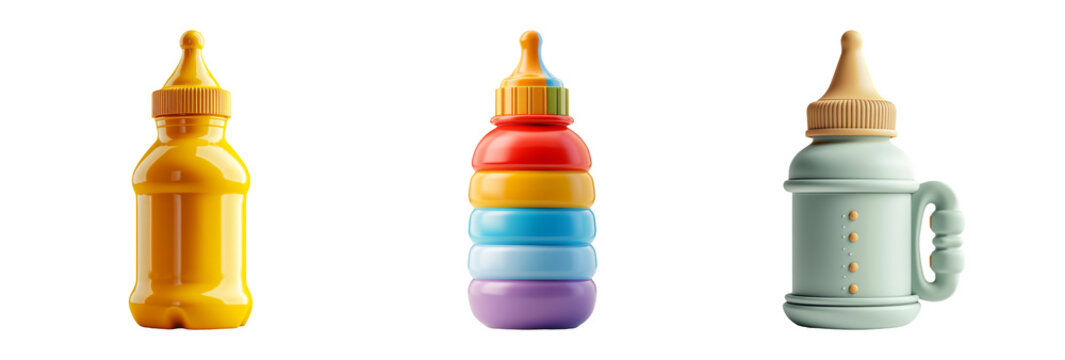 Colorful Baby Bottles in Bright Modern Design on White Background