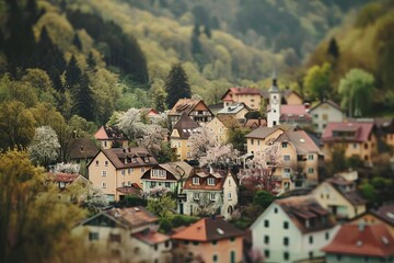 Obraz premium A quaint village nestled among rolling hills, its pastel buildings softly blurred against a backdrop of budding trees