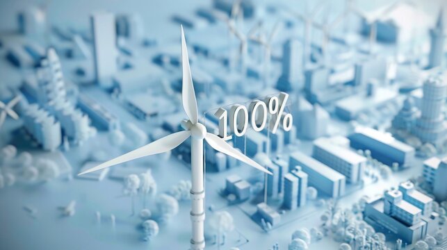 Una parola grande "100%". Mulino a vento. Sullo sfondo edifici visti dall'alto