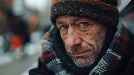 A person walking on a city street, dressed in warm clothing for the cold weather