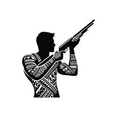 Sporting Clays sport male player with ethnic polynesia pattern illustration, emblem shield badge