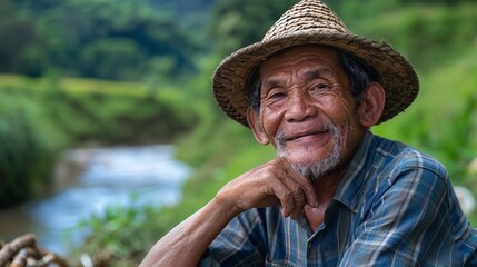 Fototapeta premium Contadino felice, che con gli occhi e la mano sotto il mento esprime un dubbio