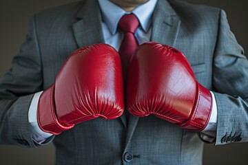 Businessman wearing boxing gloves ready to fight
