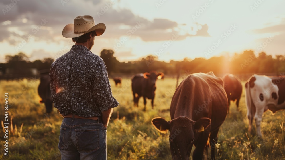 Poster a man in a cowboy hat stands in a field with cows