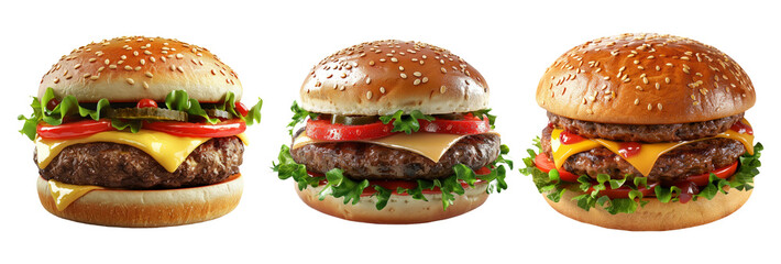 Delicious Trio of Gourmet Cheeseburgers with Fresh Lettuce and Tomatoes