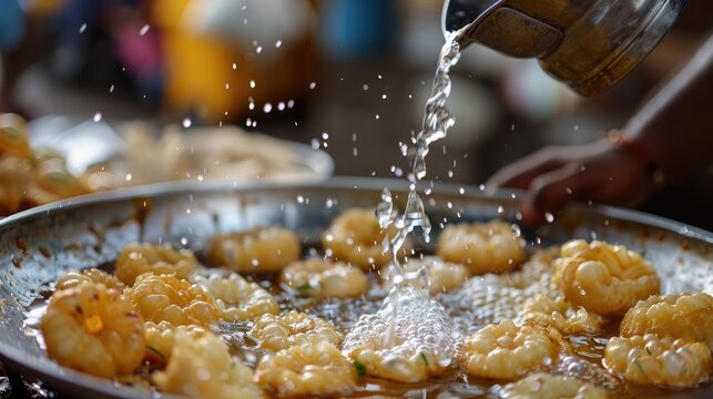 Selective focus on Indian snack Pani Puri Golgappa Fuchka or Phuchka with flavored water being poured in at VV Puram chat street Bangalore Karnataka India