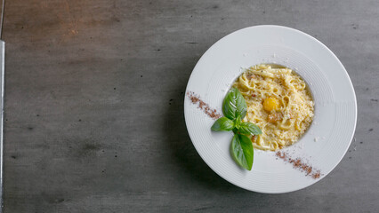 pasta carbonara with yolk, macaroni on white plate with basil, background photo, empty space for text