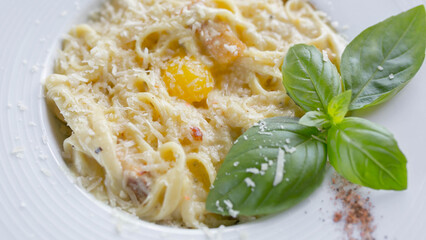 pasta carbonara with yolk, macaroni on white plate with basil, close-up photo