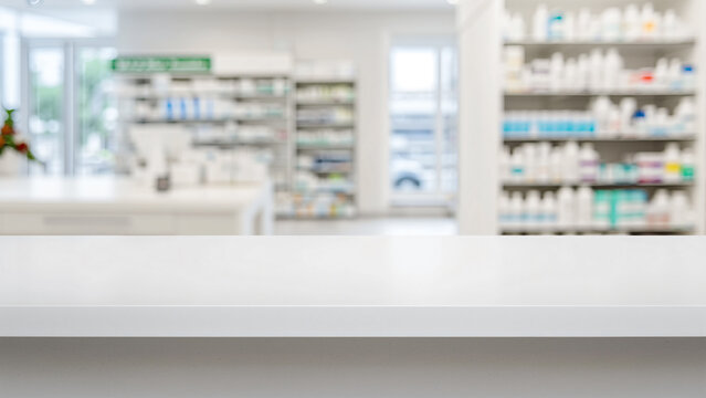 Leerer wei&szlig;er Tresen in Apotheke mit unscharfem Hintergrund mit Regalen voller Medikamente und Produkten, Platz f&uuml;r Produktpr&auml;sentation und Text