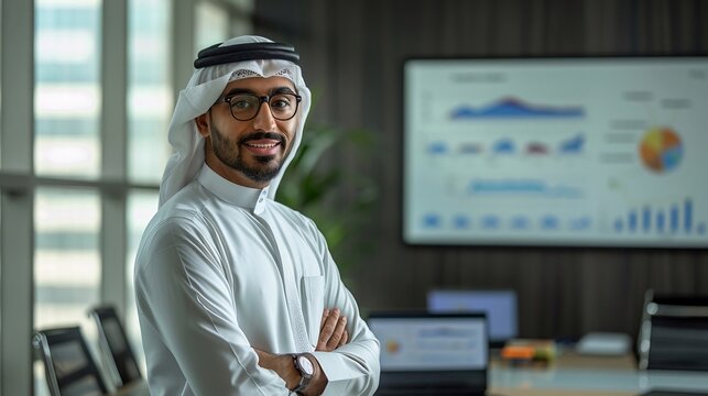 Uomo arabo felice presenta vicino allo schermo nella sala riunioni dell'ufficio