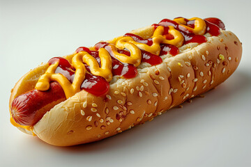 a hot dog with mustard and ketchup on a white background