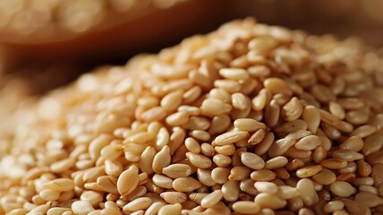 Close-up of Organic White Sesame seeds (Sesamum indicum) or white Til with shell in white ceramic bowl with the gradient background of White Sesame seeds. Close-up of Organic White Sesame seed
