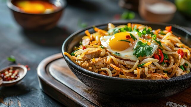 Popular South Indian street food Chicken Kothu Parotta or Curried Shredded Indian flatbread with meat egg and vegetables Selective focus