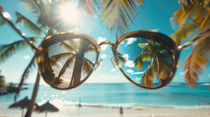 Close up View of Beach and Palm Trees Seen Through Sunglasses on a Sunny Day