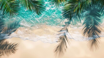 Palm leaves cast shadows on a sandy beach with turquoise water.